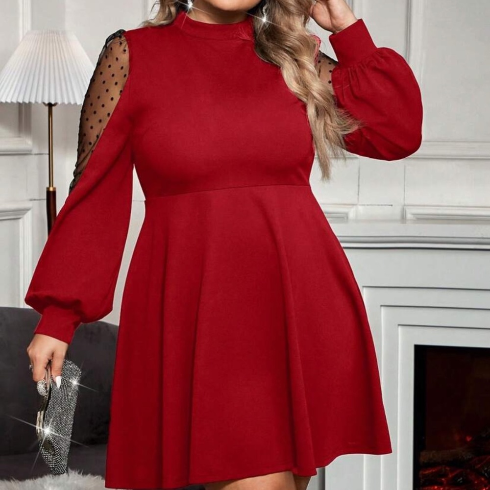 Plus Polka Dot Sheer Sleeve Evening Formal party Holiday Dress - Picture 5 of 10